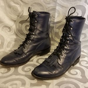 Leather Lace-Up Ankle Boots in Navy